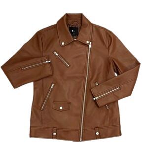 7 for All Mankind - Caramel Brown Vegan Leather Moto Jacket, Size M (6-8), EUC
